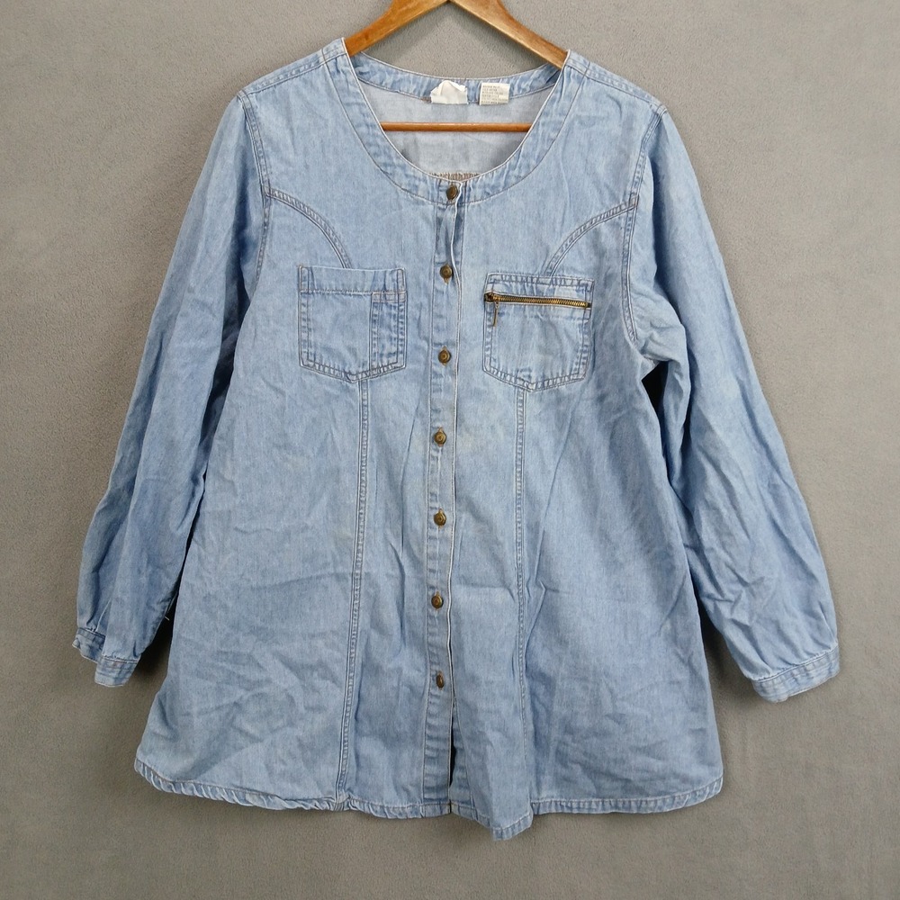 Announcements Shirt Women Medium Blue Denim Cotton Side Slit Button Front Casual